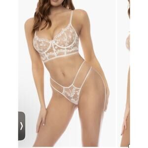 Mapale Lace Longline Bra & Strappy Thong Set White NWT